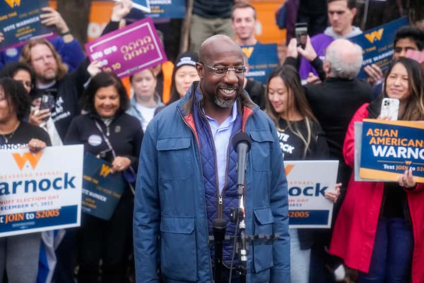 Democratic Sen. Raphael Warnock speaks during an election day canvass launch on Tuesday,...