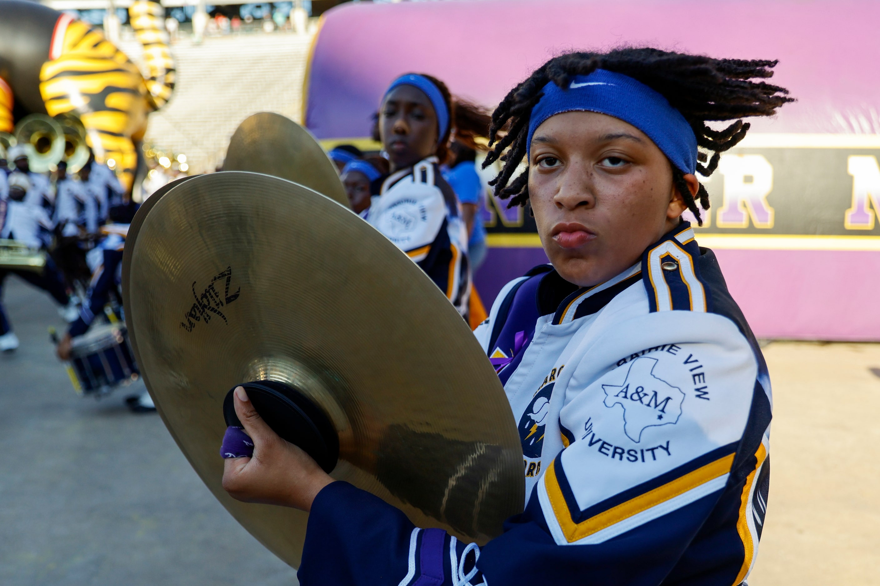 Kiarra Hunter performs with the Prairie View A&M marching band before the State Fair Classic...