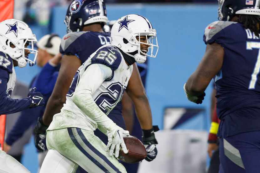 Dallas Cowboys cornerback Nahshon Wright (25) celebrates after intercepting a pass from...