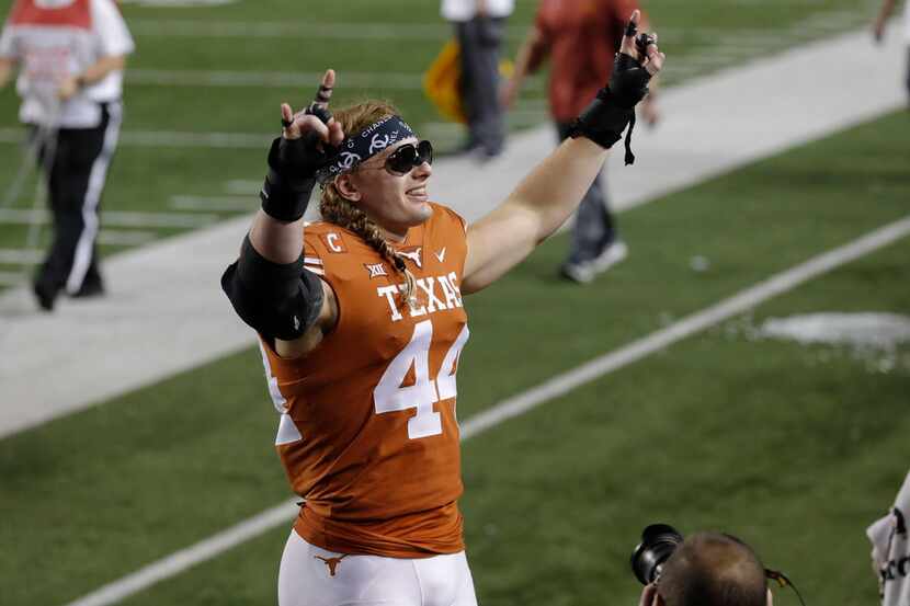 AUSTIN, TX - NOVEMBER 17:  Breckyn Hager #44 of the Texas Longhorns celebrates after the...