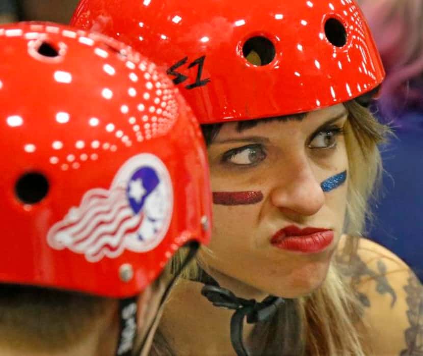 
Team USA’s Suzy Hotrod (right) got psyched up before their bout against the Netherlands on...