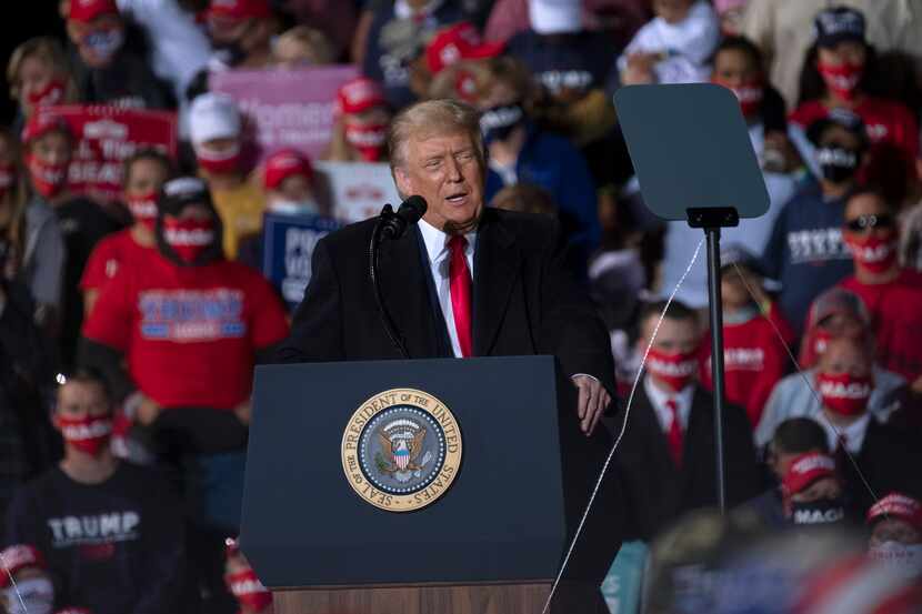 President Donald Trump campaigns Sept. 21, 2020, at the Toledo Express Airport in Swanton,...