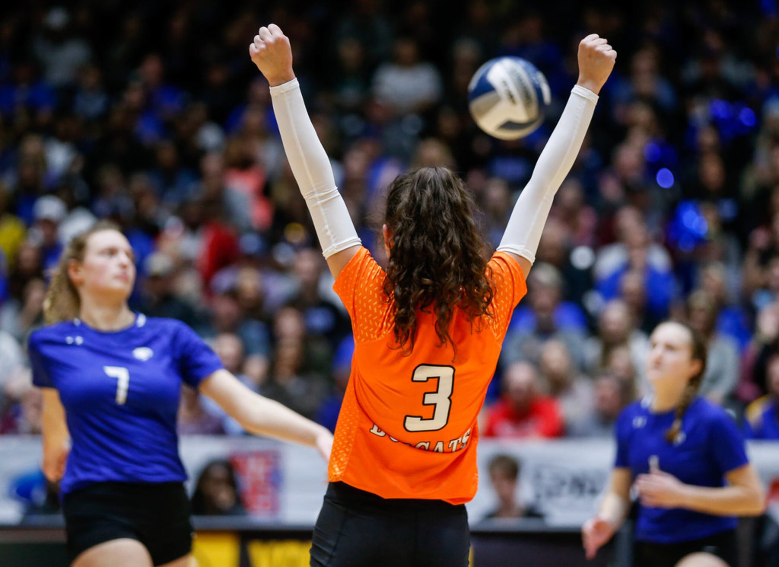 Trophy Club Byron NelsonÃs Giselle Santini (3) reacts to a gained point in the fourth set...