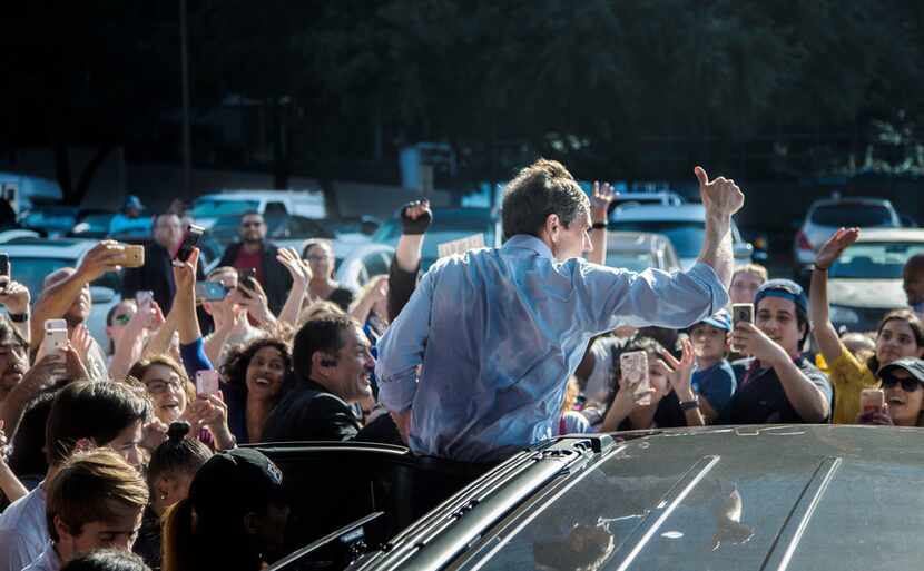 Beto O'Rourke waved goodbye to supporters after a rally during his last stop in North Texas...