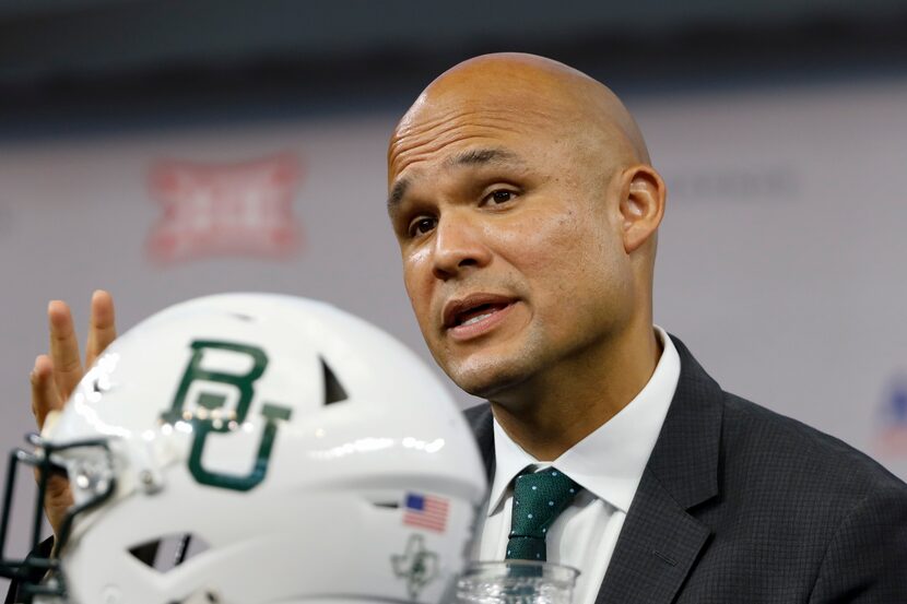 Baylor head football coach Dave Aranda speaks during the Big 12 Conference Media Days at...