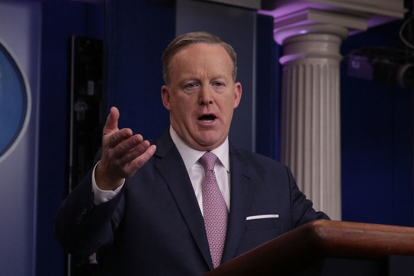 White House press secretary Sean Spicer speaks Monday at his first daily briefing at the...