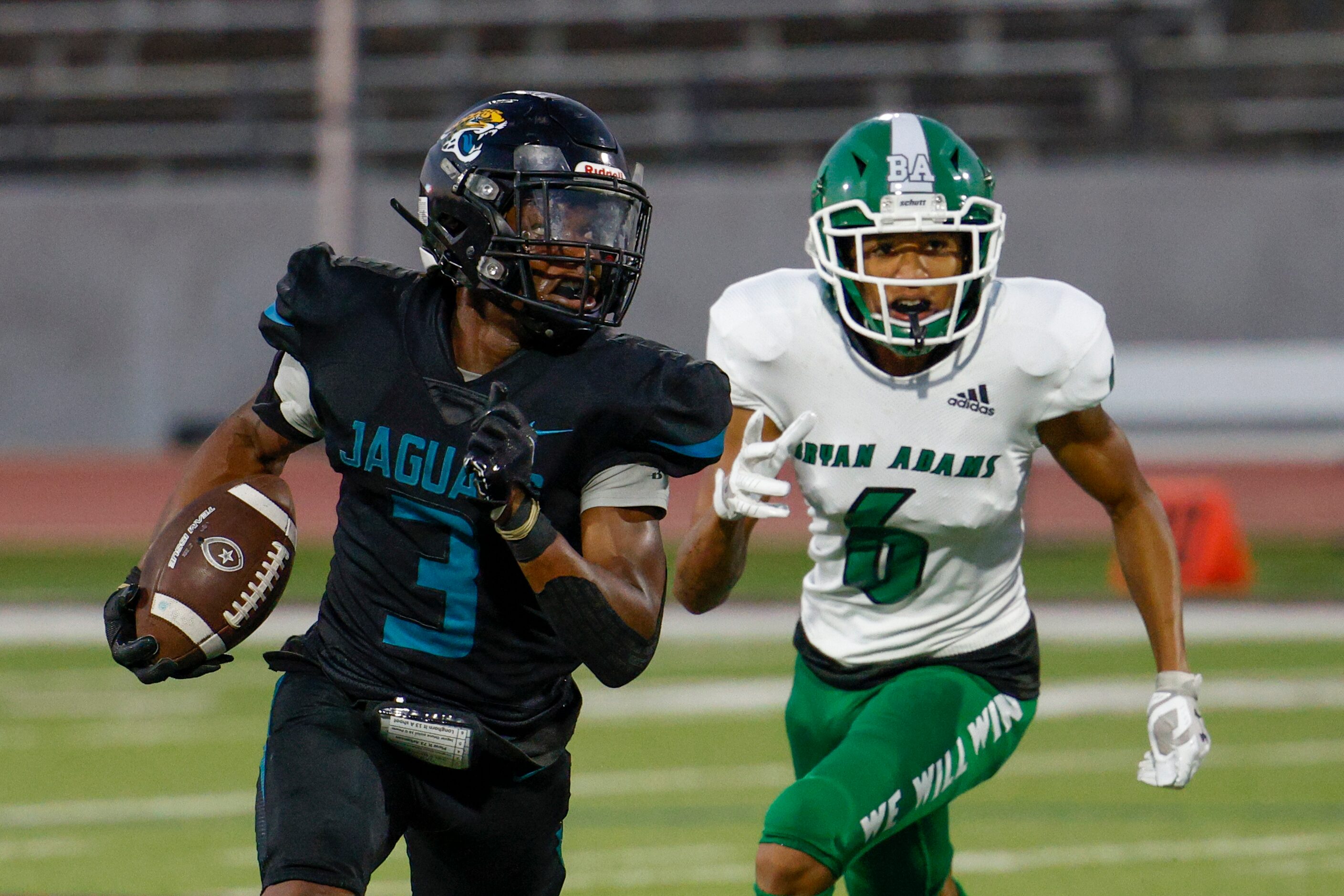 Bryan Adams linebacker Jacob Carter (6) pursues Molina running back Glen Jackson (3) during...