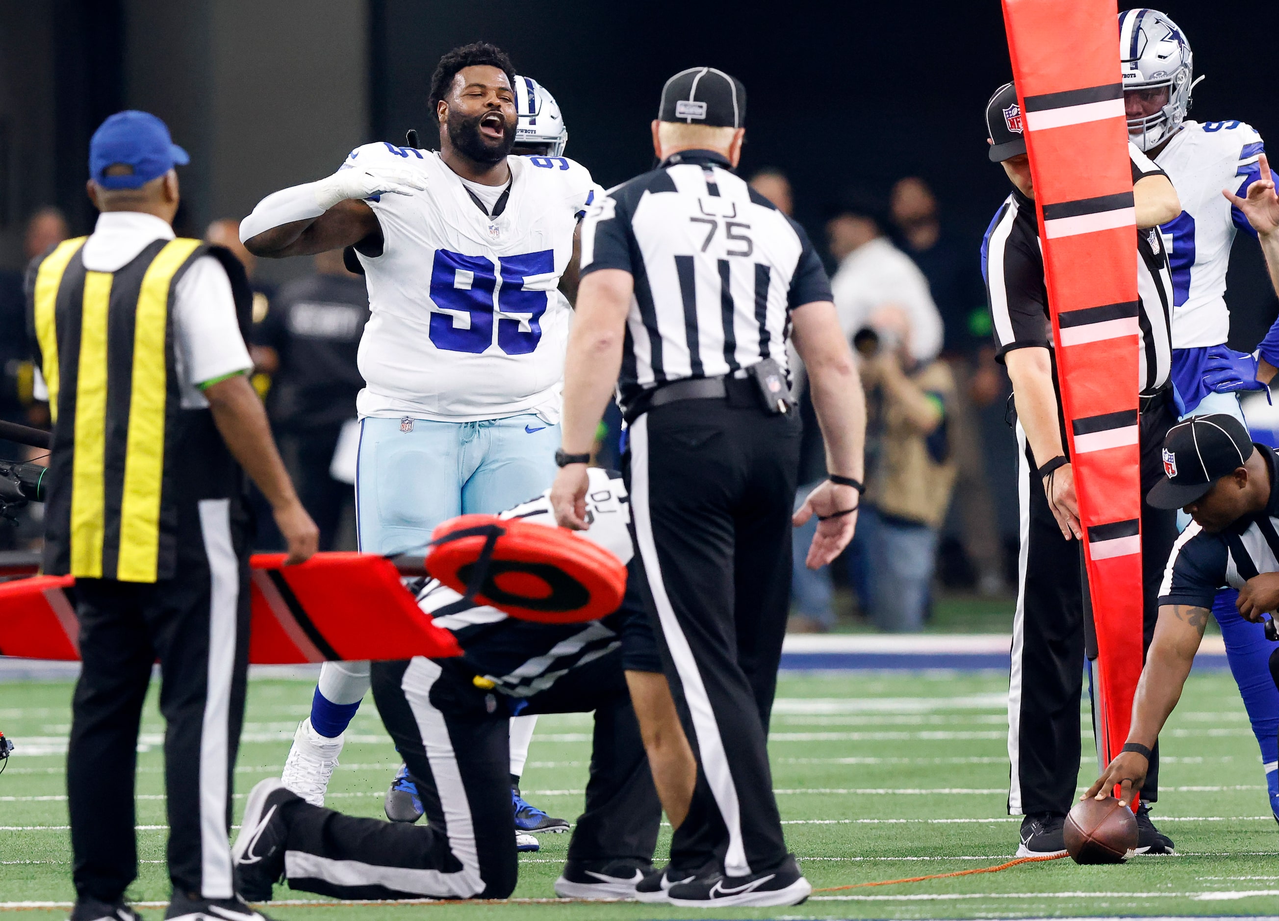 Dallas Cowboys defensive tackle Johnathan Hankins (95) reacts after the New England Patriots...