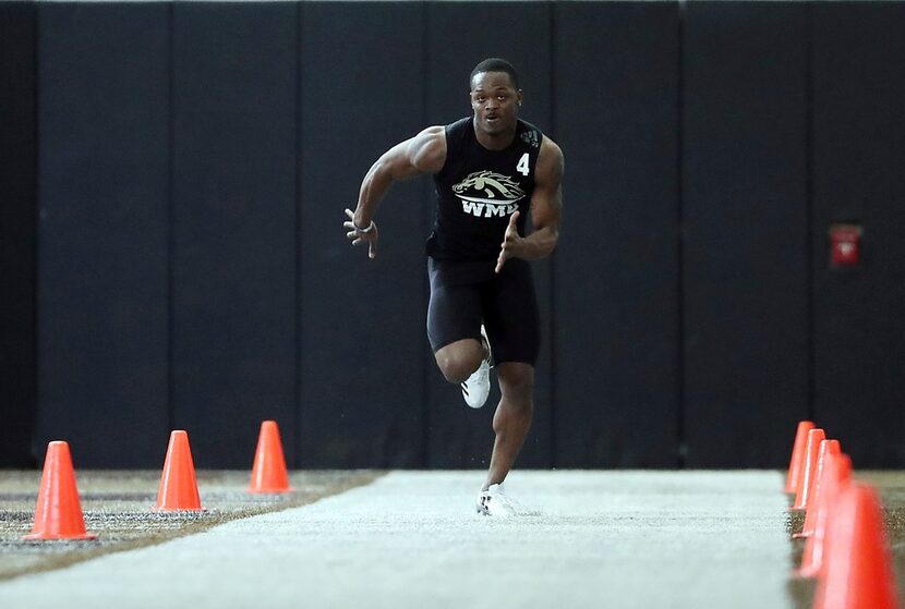 Defensive back Darius Phillips runs the 40-yard dash during Western Michigan's NFL Pro Day...