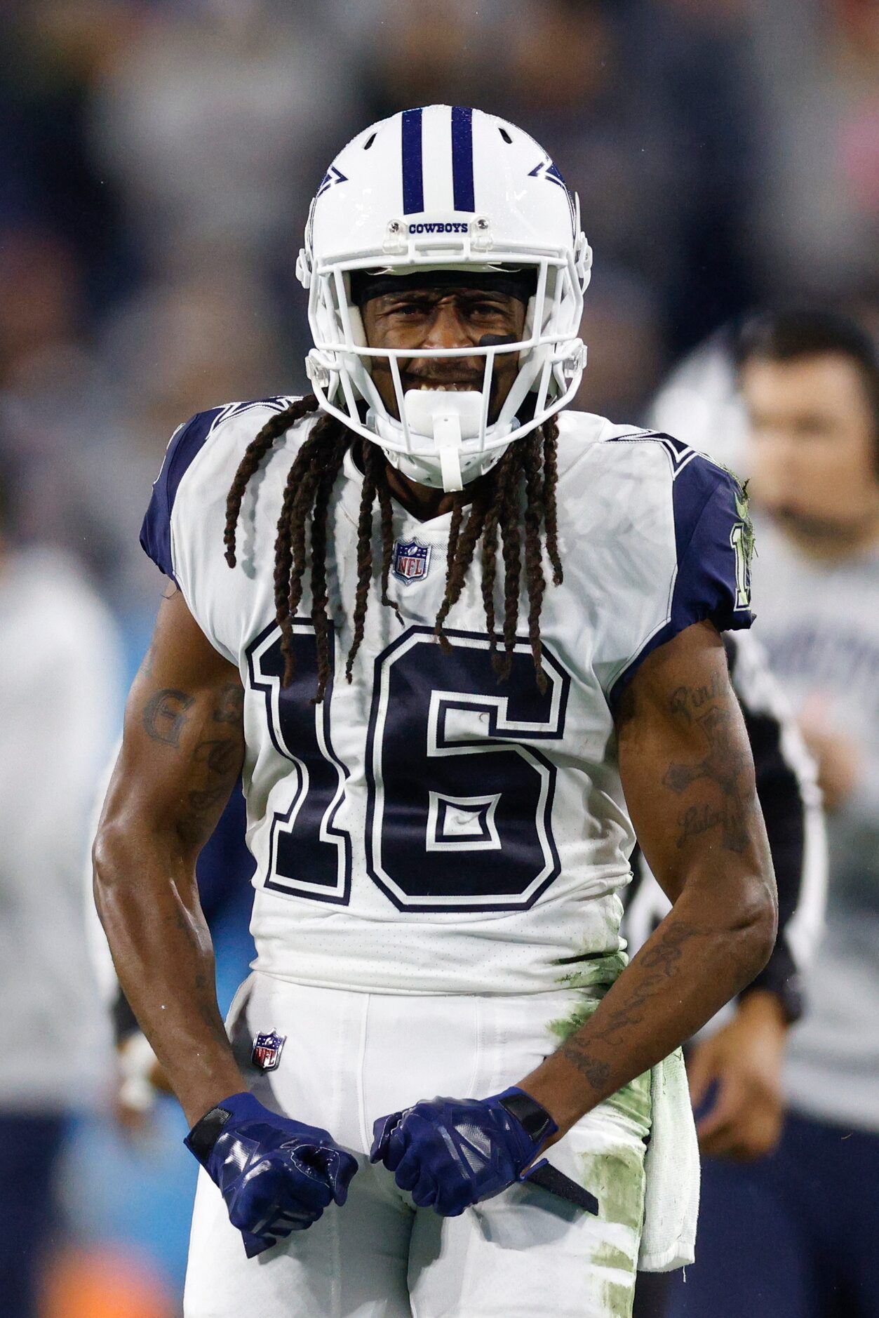 Dallas Cowboys wide receiver T.Y. Hilton (16) flexes after making a catch during the first...