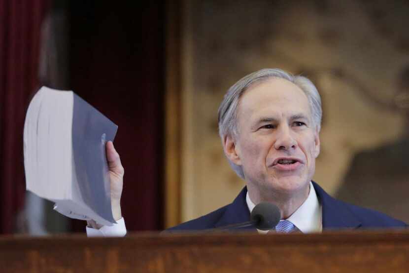 Gov. Greg Abbott, shown delivering his 2019 state of the state speech in the House chamber...