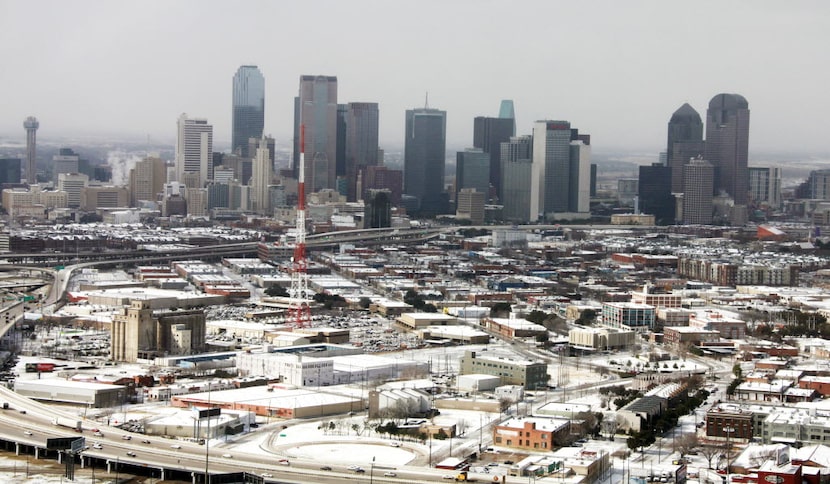 An aerial view showing snow close to downtown Dallas on February 1, 2011.