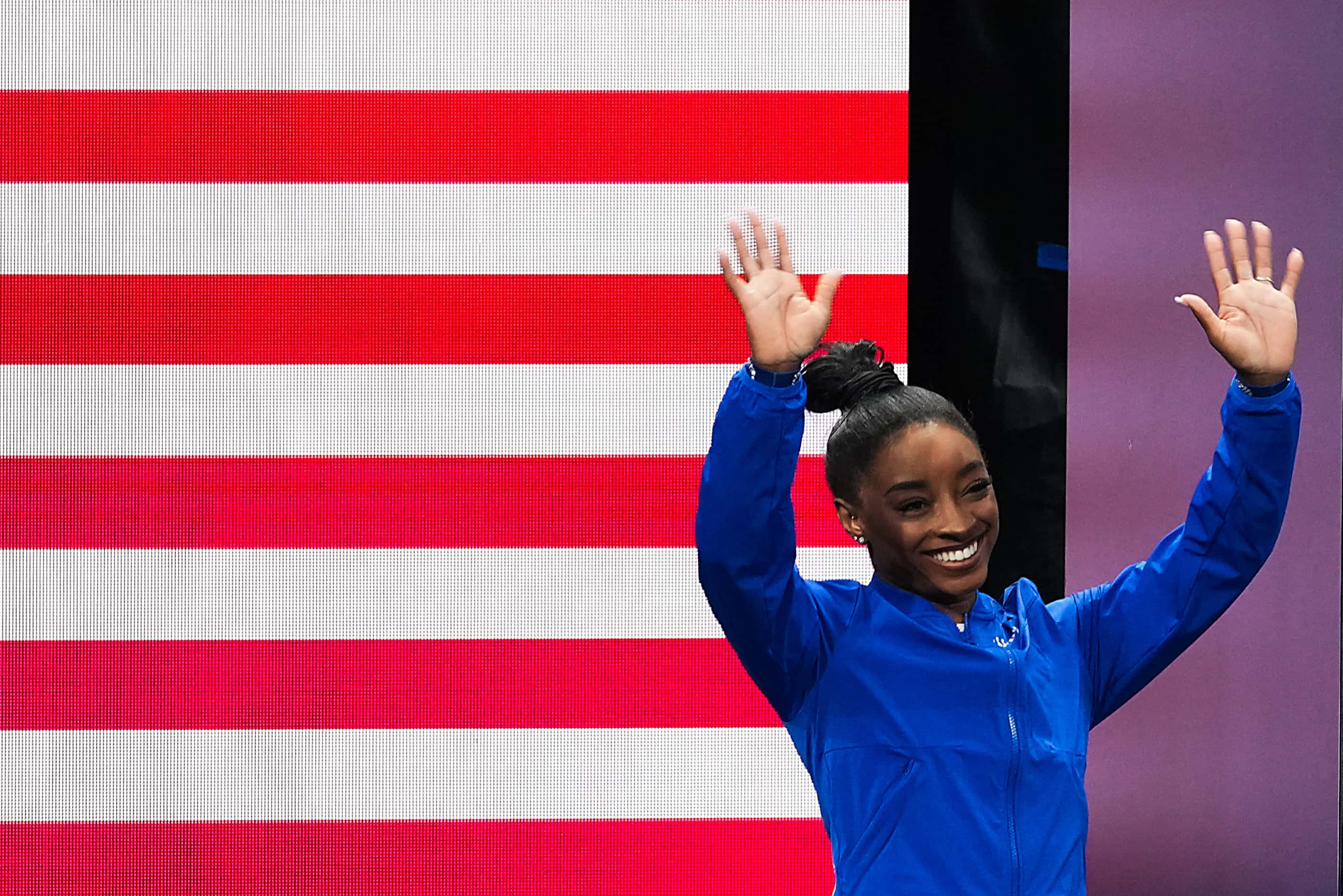 Simone Biles of the United States is introduces before the women’s balance beam finals at...
