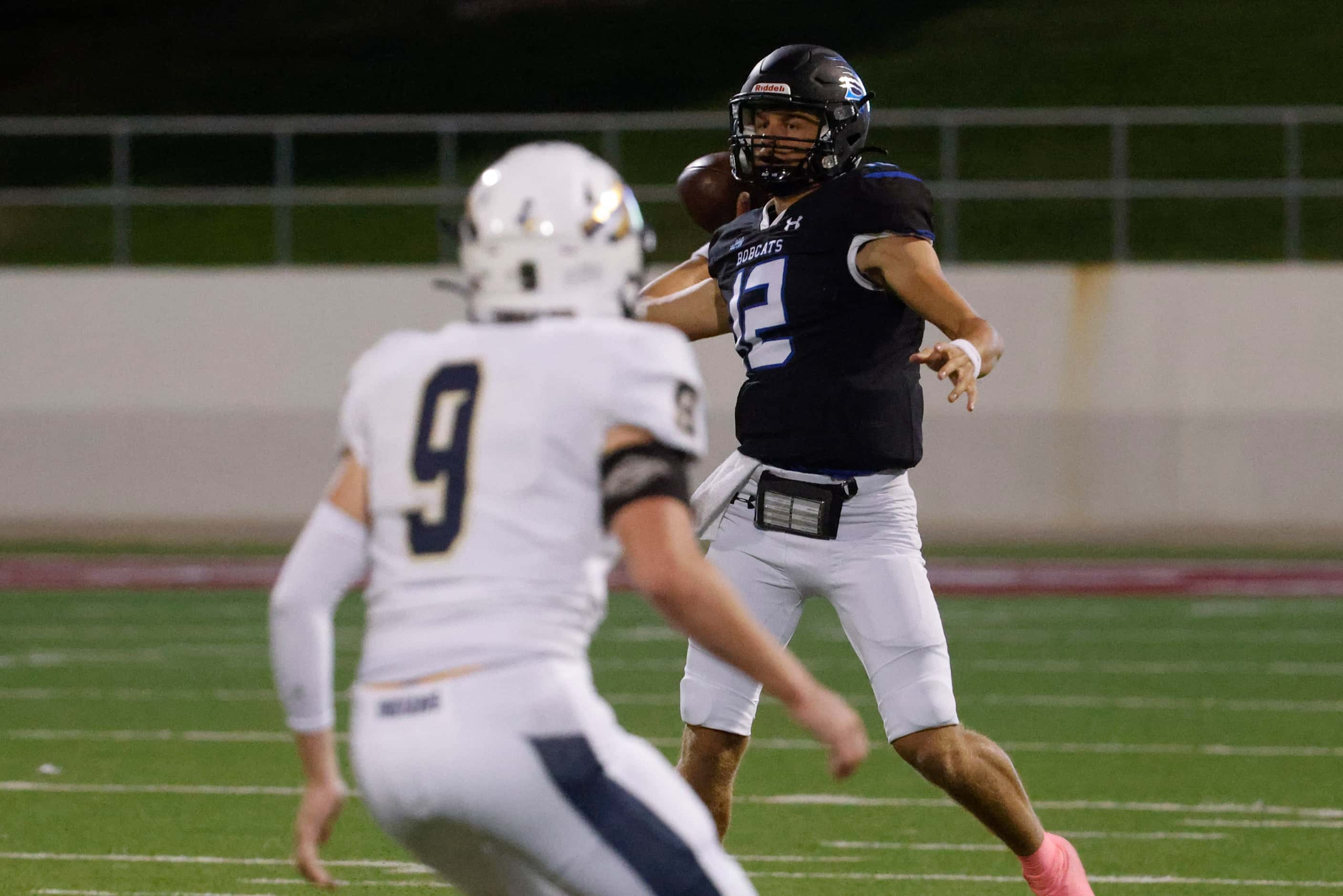 Byron Nelson’s QB Tom Von Grote throws the ball during the first half of a football game...