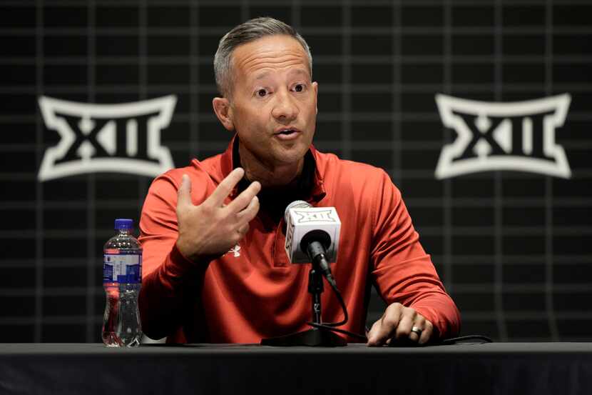 Texas Tech coach Grant McCasland speaks to the media during the NCAA college Big 12 men's...