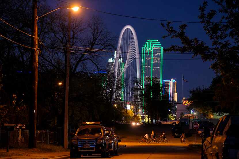 The Margaret Hunt Hill Bridge and Bank of America building highlight the downtown skyline...