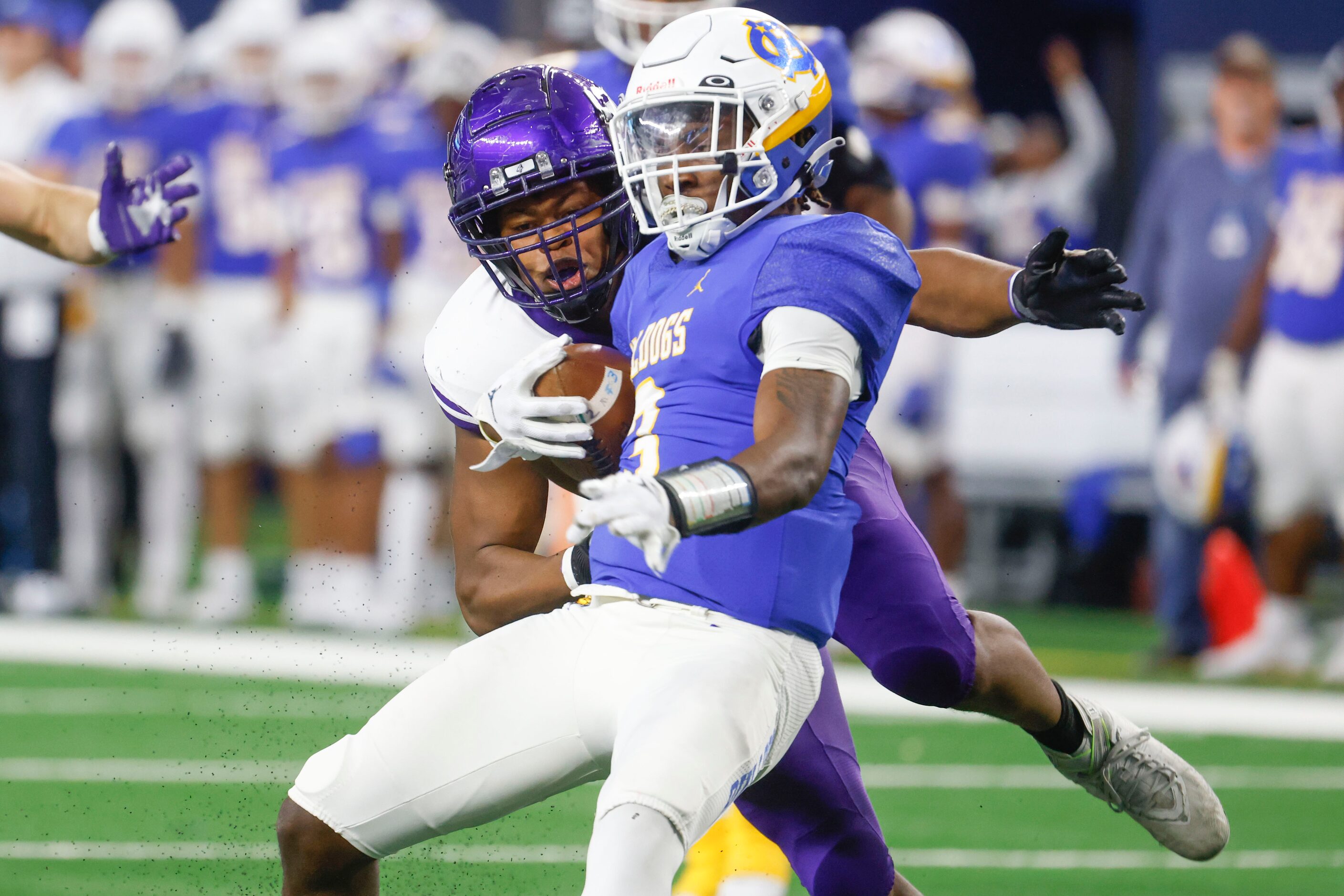 Anna High’s Nathan Nickerson (back) sacks Tyler Chapel Hill  QB Demetrius Brisbon jr during...