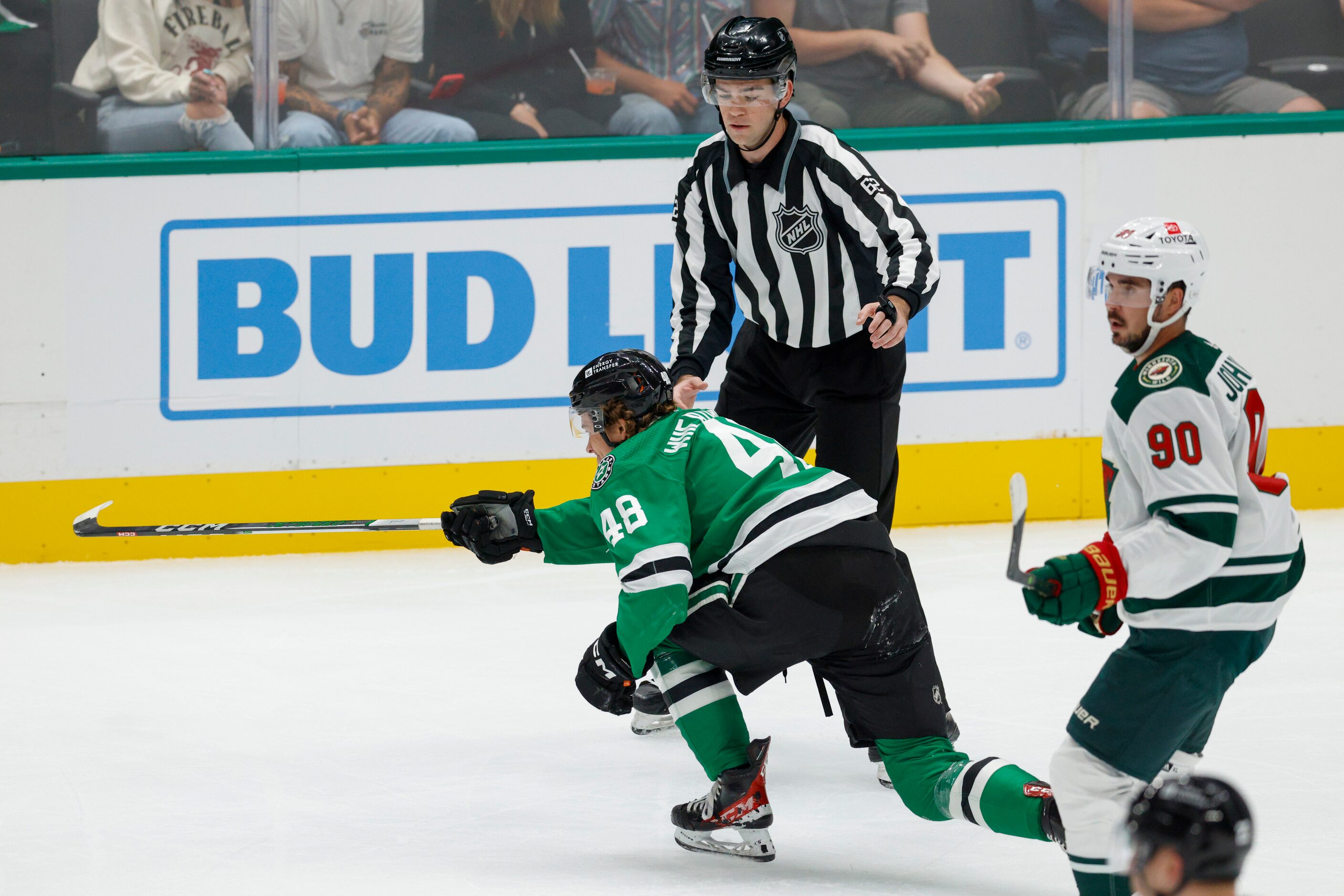 Dallas Stars center Chase Wheatcroft (48) limps to the bench after blocking a shot during...