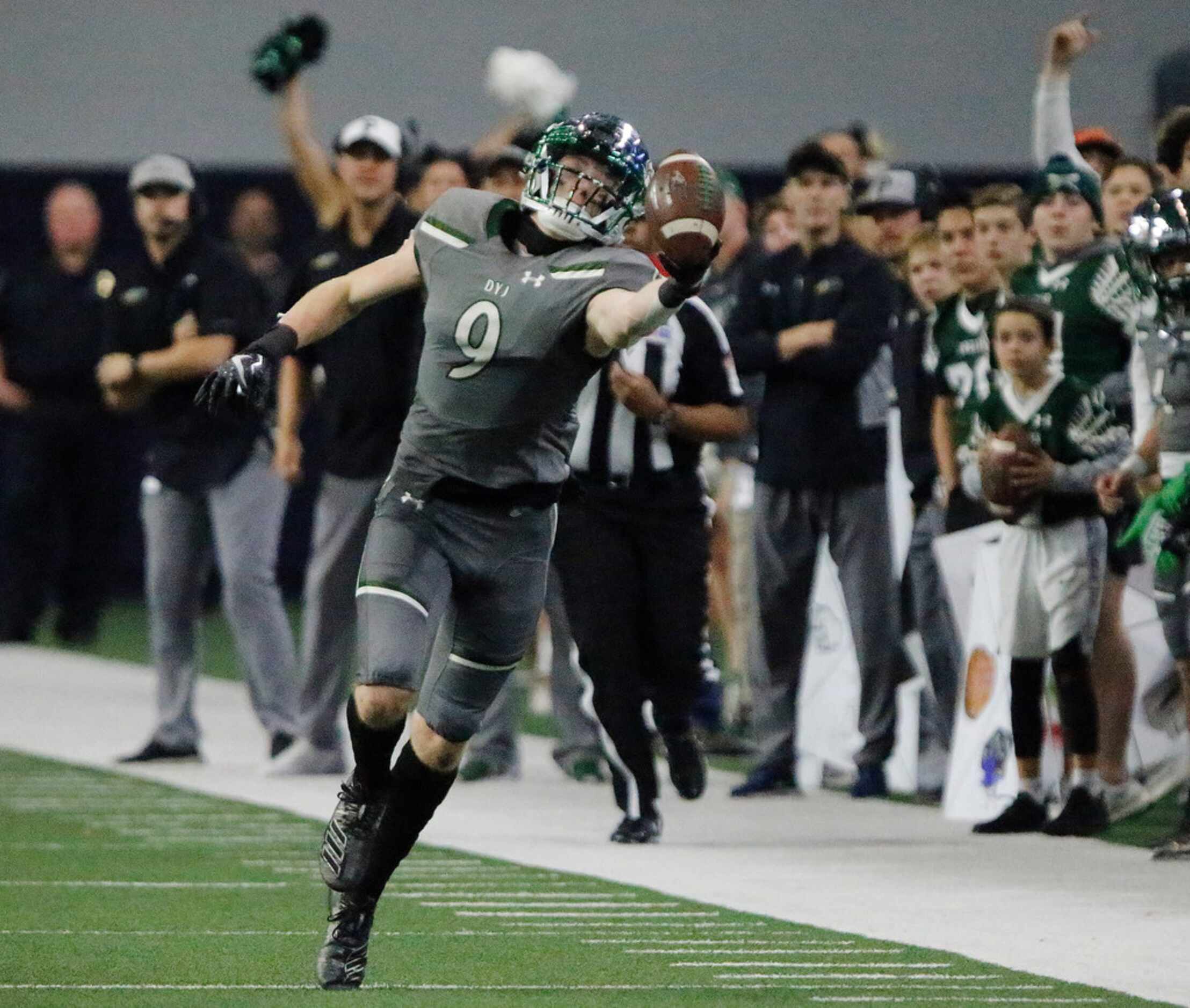 Prosper High School tight end Cameron Harpole (9) was unable to bring this pass as he was...