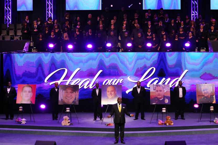 Bishop T.D. Jakes delivers a message of memorial for the five Dallas officers killed in...