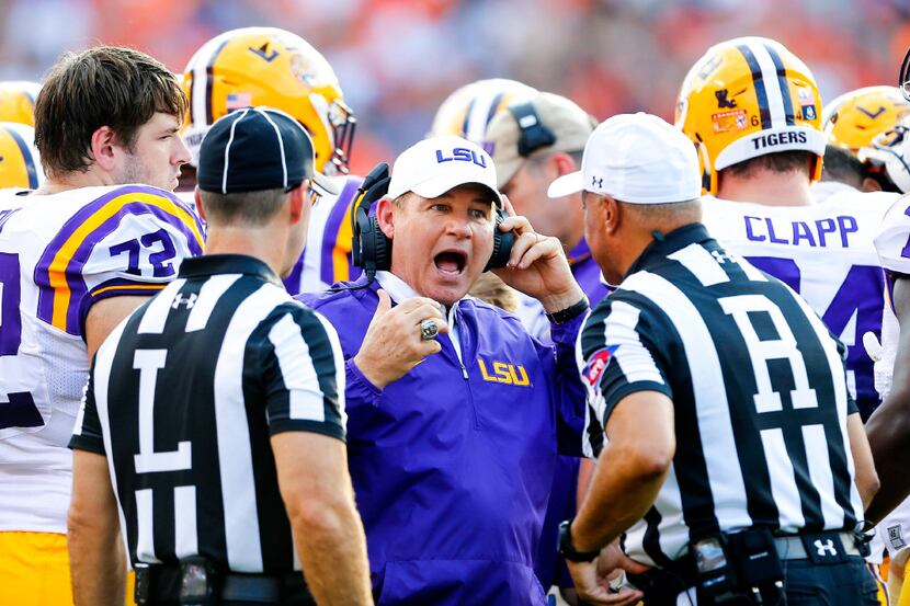FILE - This Sept. 24, 2016 file photo shows LSU head coach Les Miles reacting to a call...