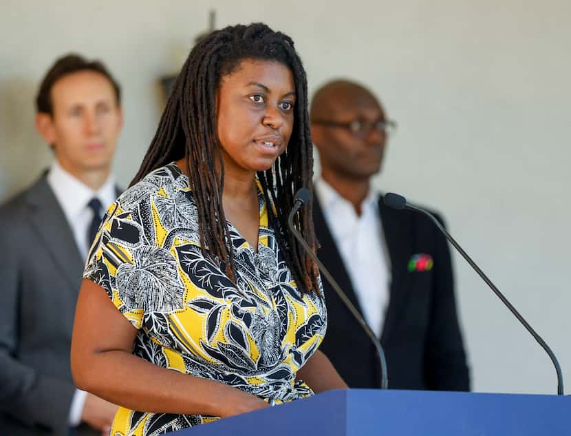 Joli Robinson, CEO of Metro Dallas Homeless Alliance, speaks during a news conference at the...