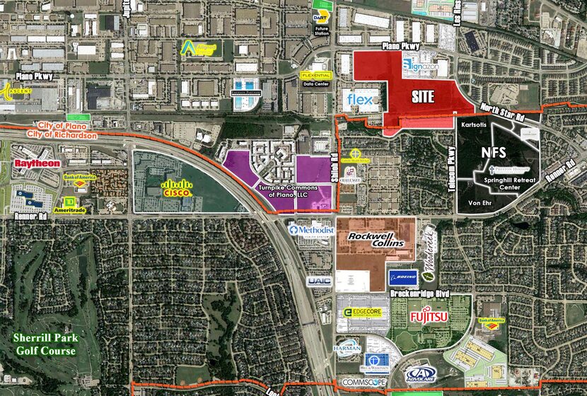 The development site, marked in red, is just east of Bush Turnpike.