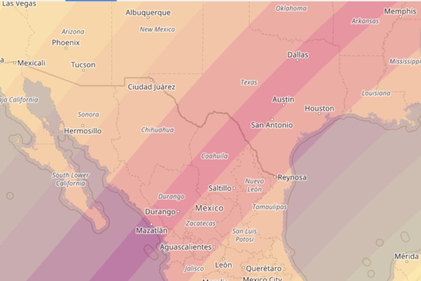 El color más oscuro indica donde habrá totalidad del eclipse de sol