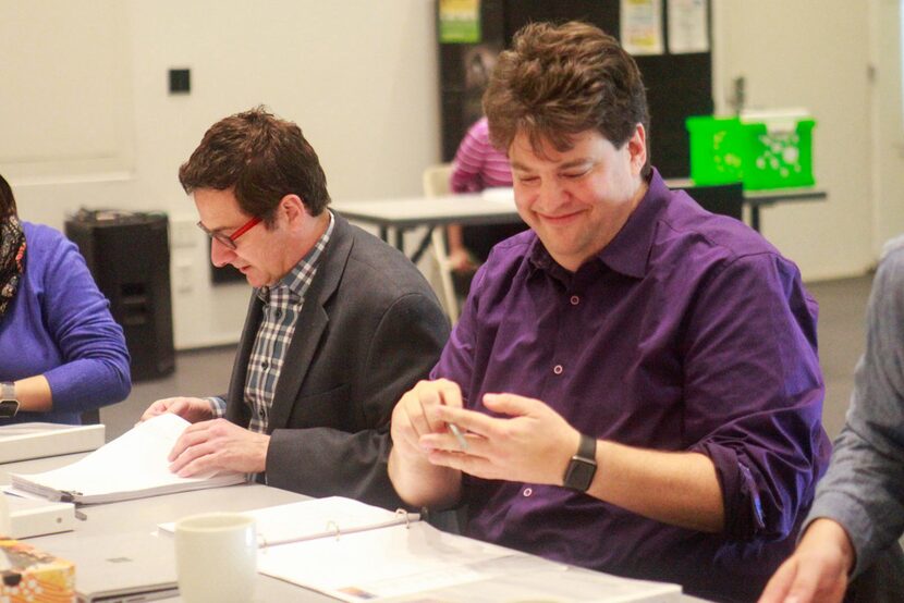 Playwright Aaron Loeb (right) with Dallas Theater Center artistic director Kevin Moriarty at...