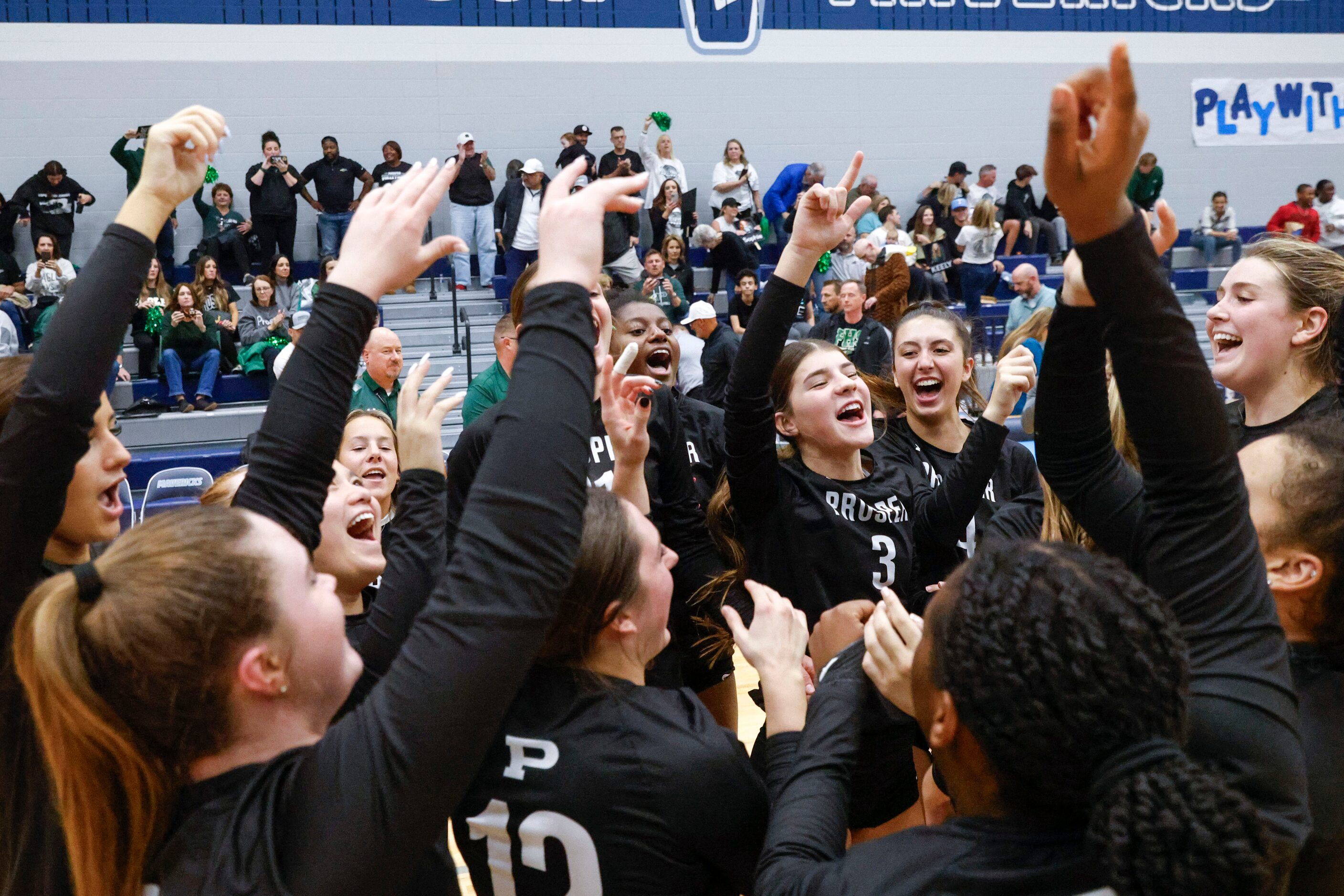 Prosper high’s players celebrate after winning against Plano West during class 6A...