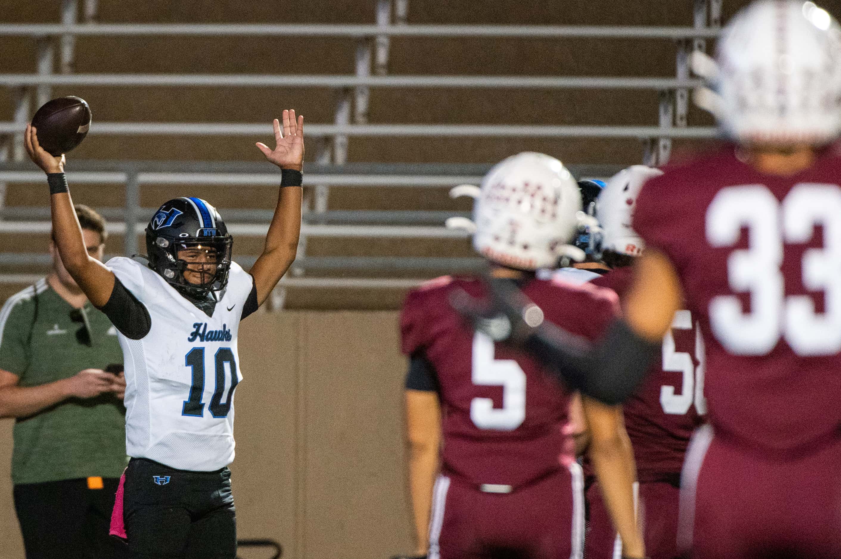 Hebron's Patrick Crayton Jr (10) celebrates after a touchdown in the first half during a...