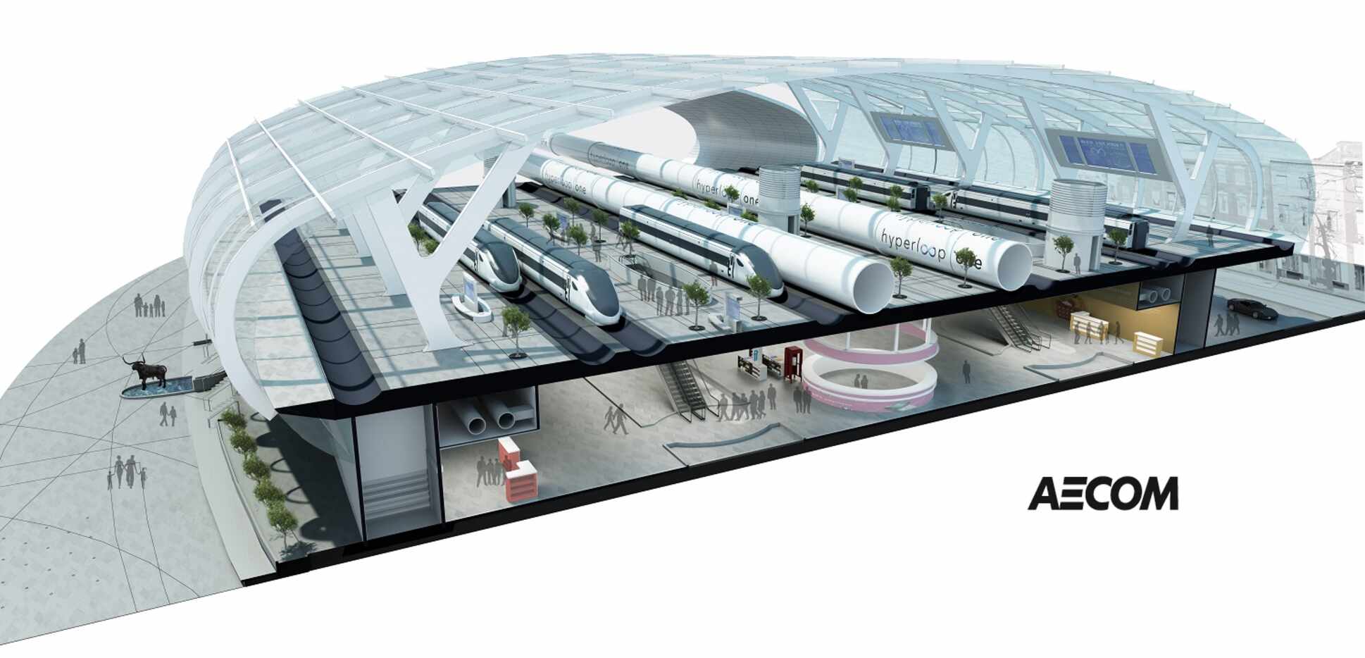 This conceptual rendering shows a station where passengers could travel on the hyperloop or...