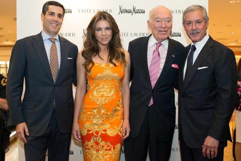 DALLAS, TX - JUNE 18:  Jim Gold, Elizabeth Hurley, Leonard Lauder and Malcolm Reuben pose...