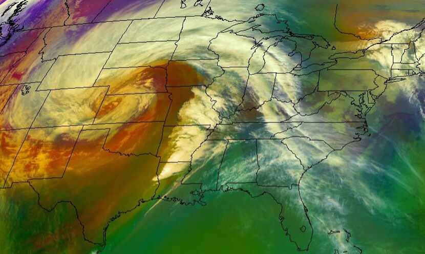 Satellite view of the bomb cyclone on Wednesday evening. 