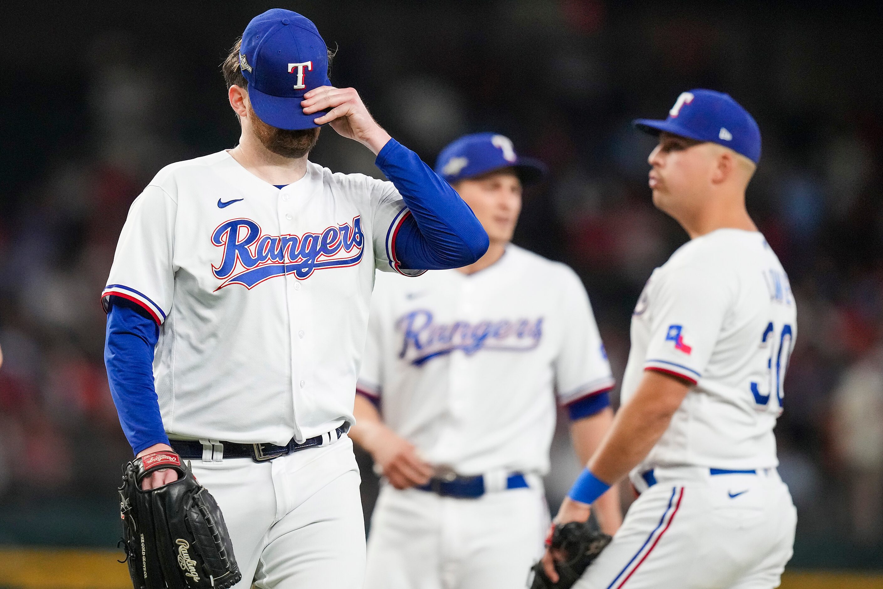 Texas Rangers starting pitcher Jordan Montgomery leaves the game during the sixth inning...