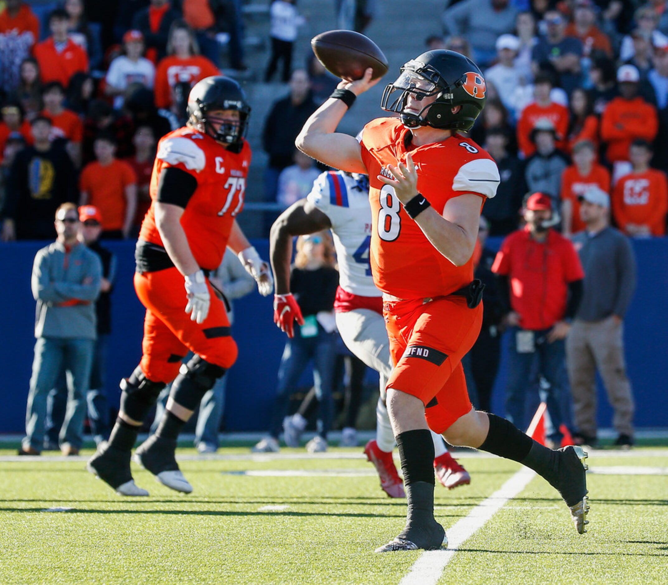 Rockwall quarterback Braedyn Locke (8) fires off a pass during the first half of a Class 6A...