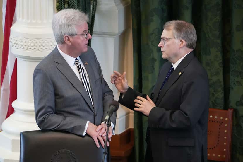 Sen. Brian Birdwell, R Granbury, right, who chairs of the committee to create the rules for...