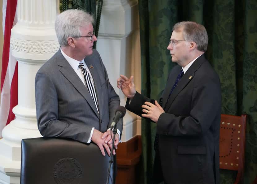 Sen. Brian Birdwell, R-Granbury (right), who is on the committee to create the rules for the...