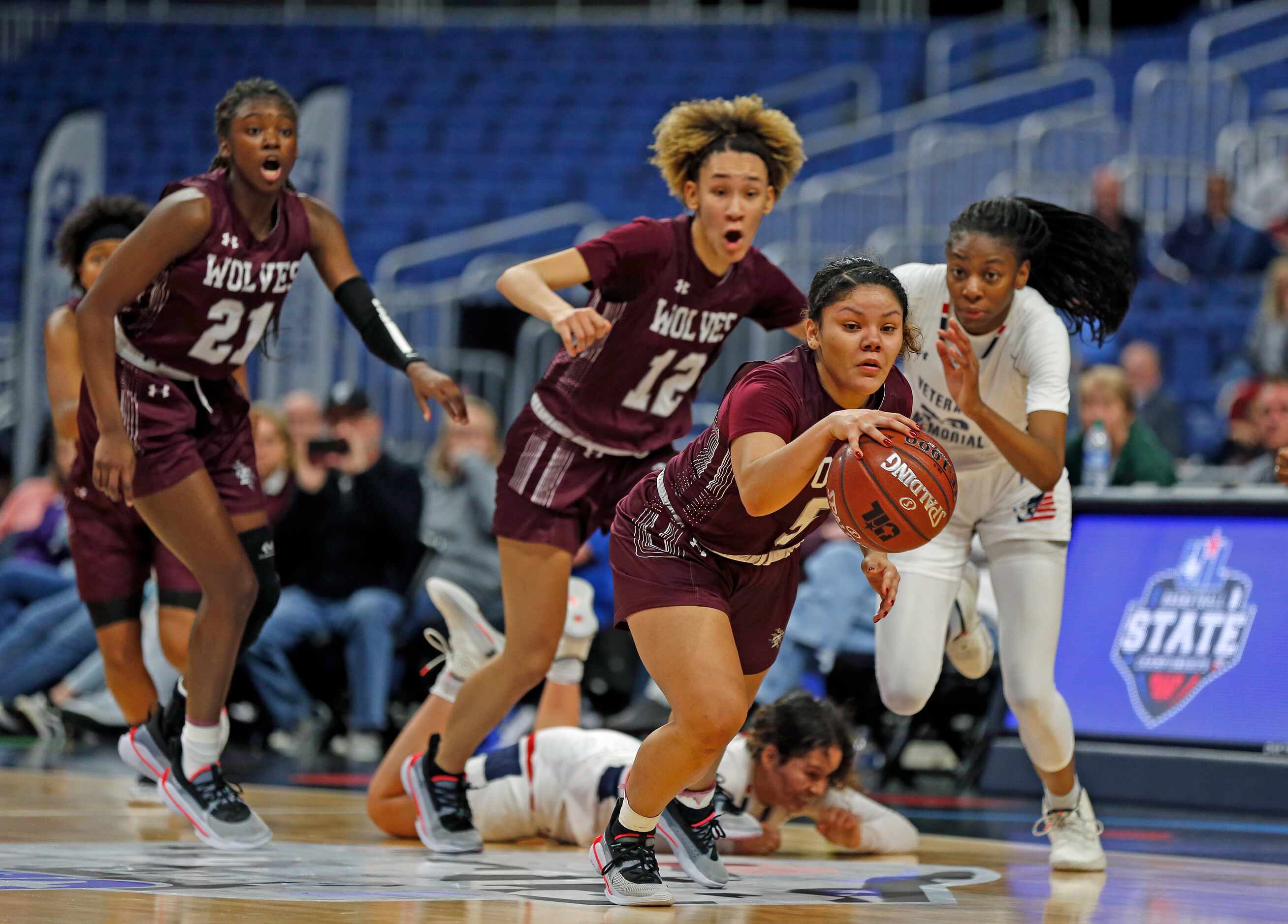 Mansfield Timberview guard Nina Milliner #5 steals the ball in the closing seconds but could...