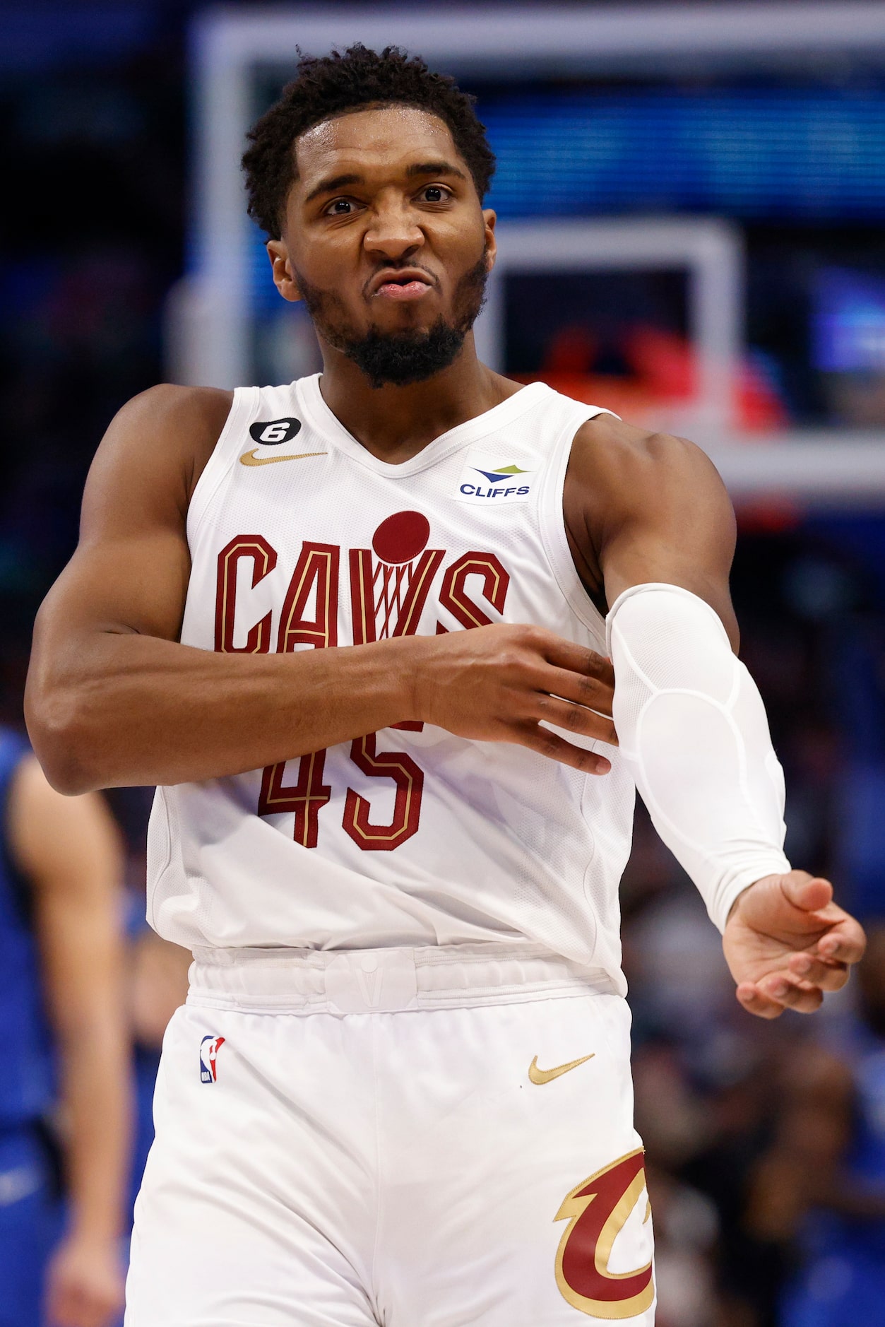 Cleveland Cavaliers guard Donovan Mitchell (45) reacts after making a three-point shot...