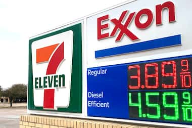 Gas prices are shown on Tuesday, March 8, 2022, at an Exxon- 7-Eleven convenience store at...