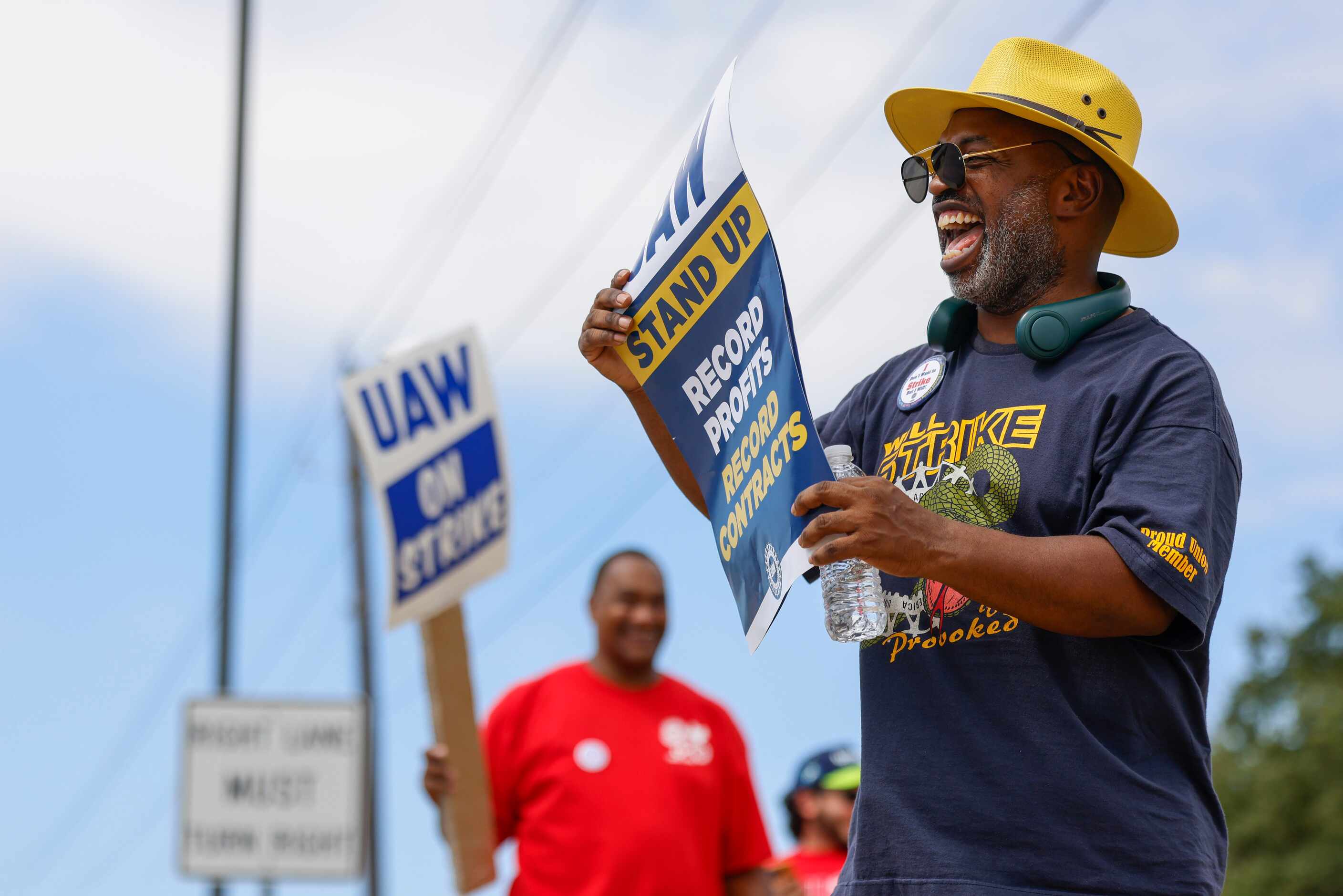 UAW local 2360 president Cleo Wynn take part during a strike outside of the Stellantis...