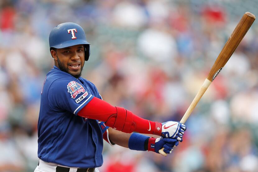 Texas Rangers shortstop Elvis Andrus (1) reacts after striking out in the first inning of...