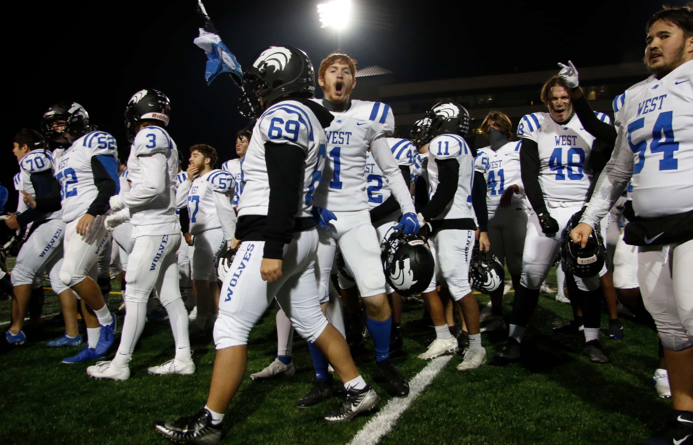 Plano West receiver Brayden Ardis (1) lets out a celebratory yell after the Plano West band...