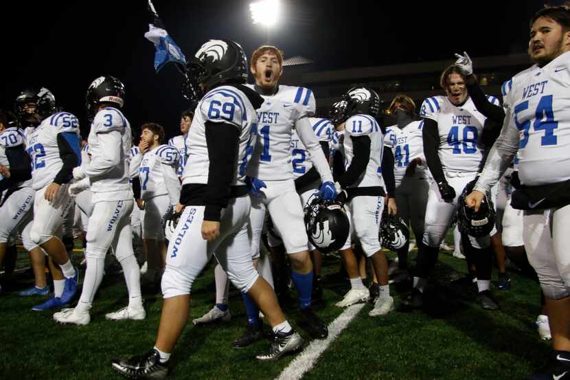 Plano West receiver Brayden Ardis (1) lets out a celebratory yell after the Plano West band...