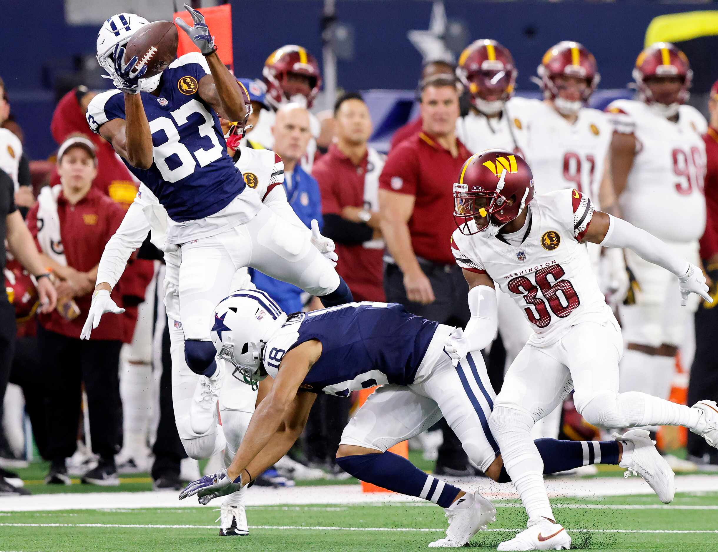 Dallas Cowboys wide receiver Jalen Brooks (83) catches a tipped pass by fellow wide receiver...