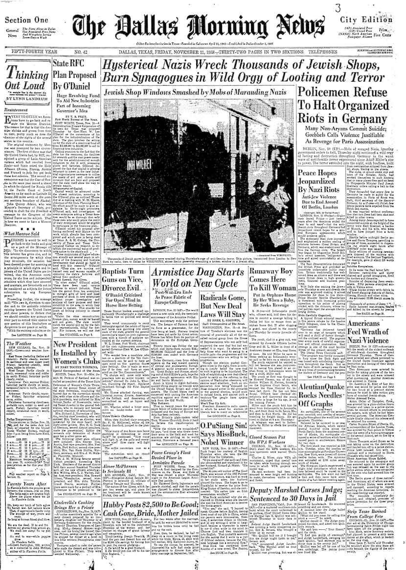 Front page of The Dallas Morning News on Nov. 11, 1938.