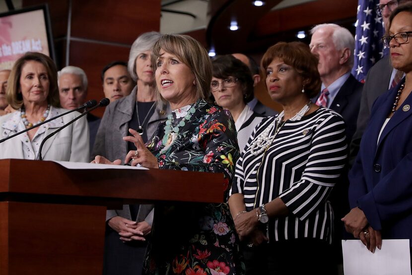 Congressional Hispanic Caucus Chair Rep. Michelle Lujan Grisham (D-NM) (C) is joined by...