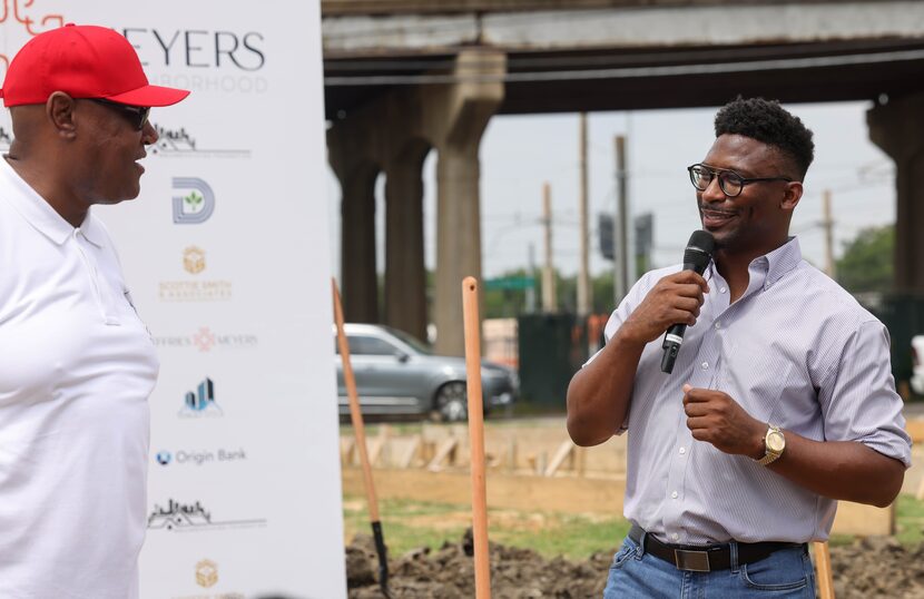 Developers Kevin Hemphill (left) and Scottie Smith Ⅱ (right) speak at a groundbreaking event...