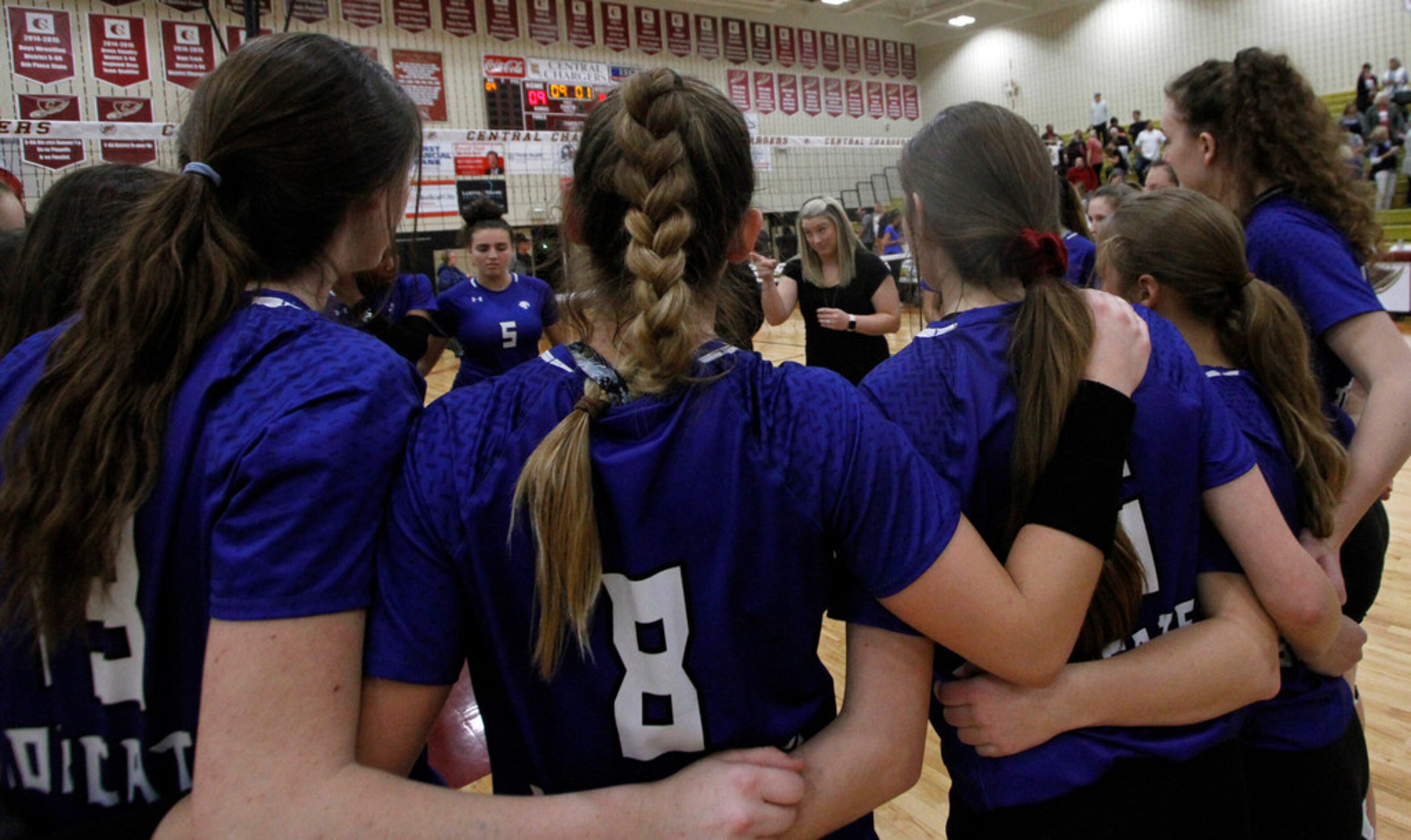 Trophy Club Byron Nelson head coach Brianne Groth makes a point as she shares post game...